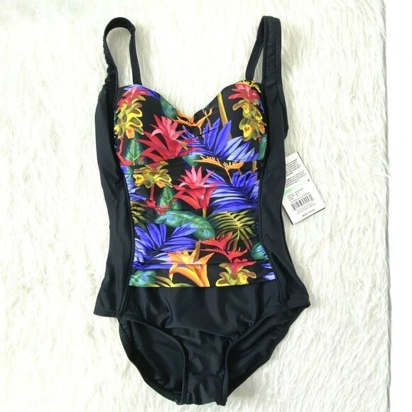 Maxine of Hollywood Women's size 8 Front Shirred One Piece Swimsuit Black Floral - Picture 5 of 12